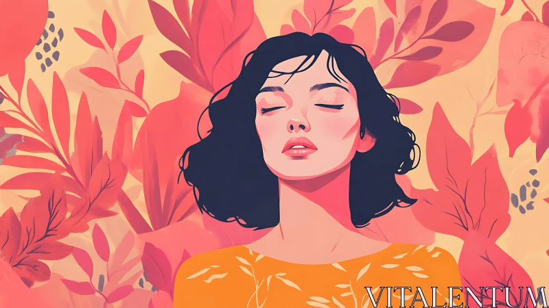 Stylized female portrait with flat-shaded foliage and warm palette