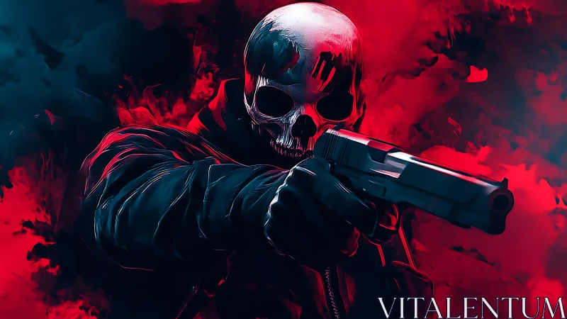 Digital painting of skull-masked gunman in red smoke field.