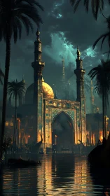 Golden riverside palace glows beneath a storm-laden night sky