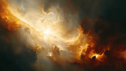 Stellar firestorm nebula swirling through dark cosmos.