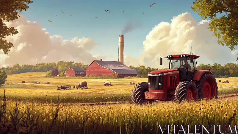 Red tractor traverses sunlit farm field with layered atmospheric depth