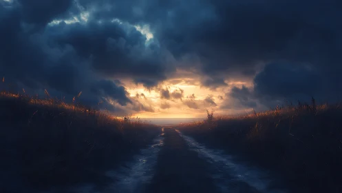 Storm-laden coastal path under dramatic sunset sky glow