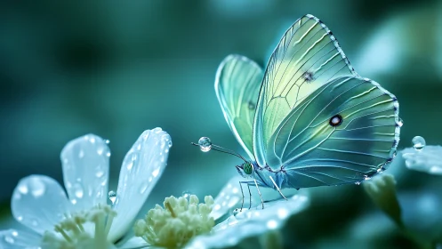 Butterfly on dewdrop-covered white petals in close focus.