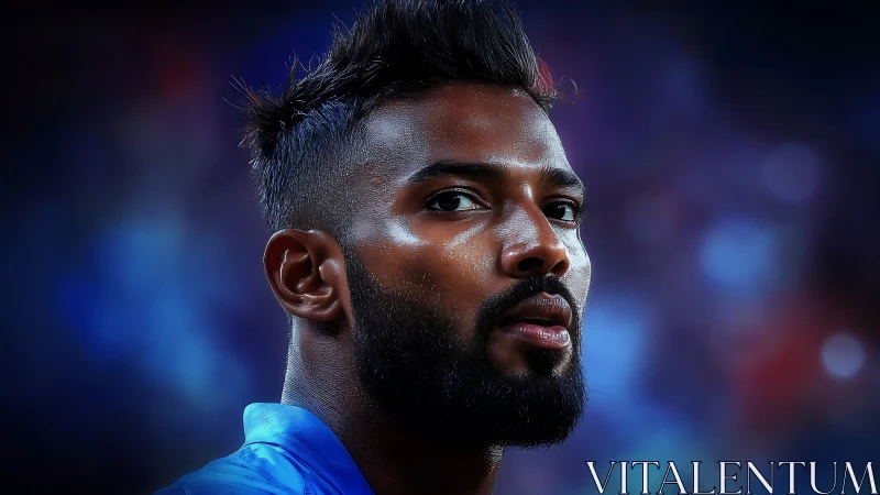 Intense male athlete portrait under vivid stadium bokeh.