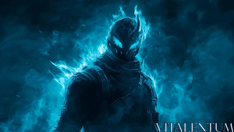Flaming spectral warrior stands engulfed in blue ethereal fire