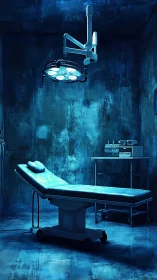 Moody blue operating room filled with quiet, haunting calm.