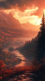 Sunlit alpine valley renders with volumetric haze and warm scattering