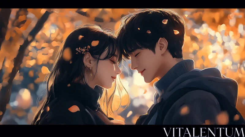 Autumn anime portrait of intimate couple in soft bokeh field.