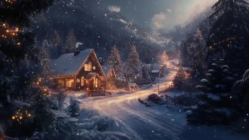 Snowy mountain village glows with warm winter cabin lights