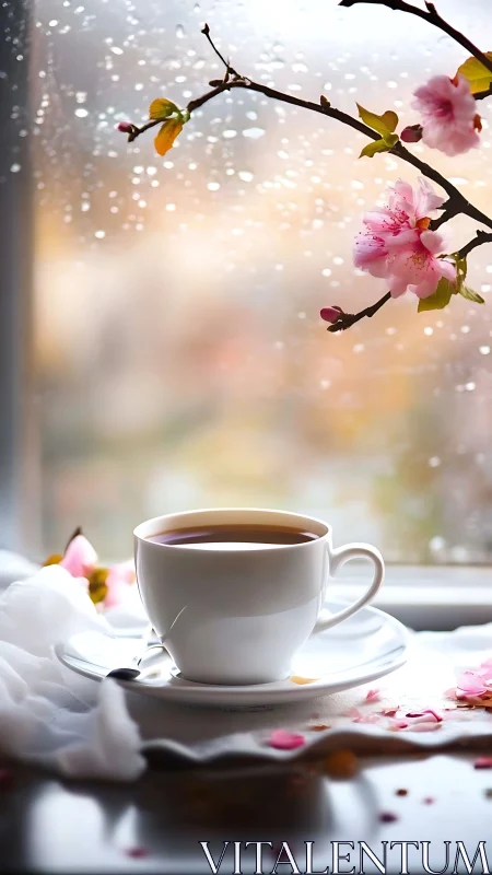 White teacup near window with blossom branch and raindrops.