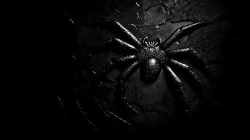 Glossy black spider on cracked stone in harsh shadow.