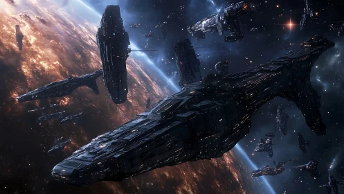 Starlit battle fleet glides in formation above a glowing world