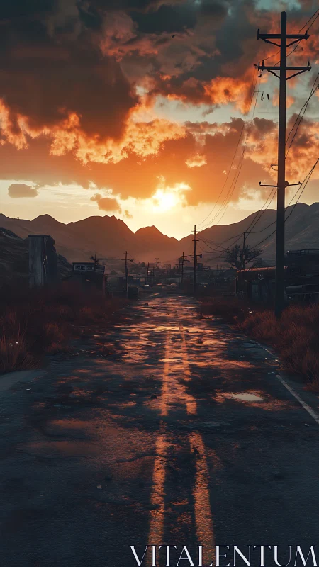 Sunlit abandoned highway under dramatic mountain dusk sky.