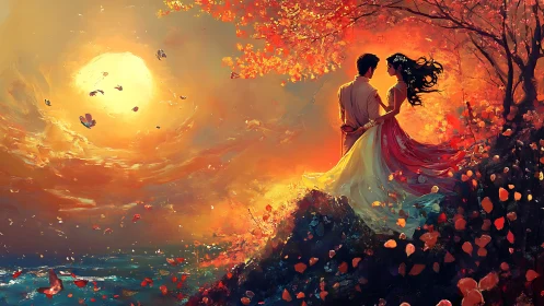 Couple in Golden Sunset Over Crimson Blooming Landscape