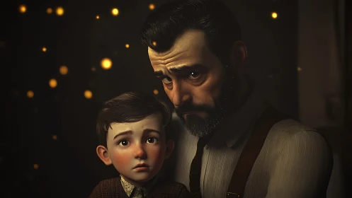 Father and son in warm bokeh-lit, cinematic portrait.