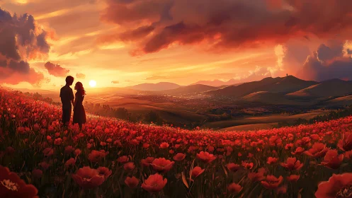 Couple standing in red poppy field at dramatic sunset