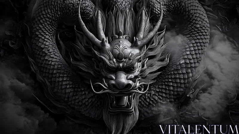 Monochrome serpentine dragon head in dense curling smoke.