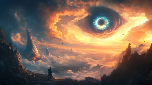 Cosmic eye over volcanic vistas in cinematic digital fantasy.