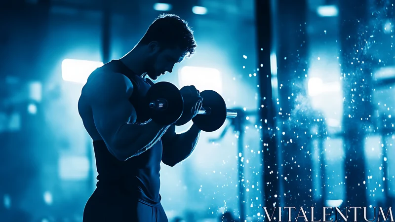 Focused athlete lifts dumbbells in dramatic blue gym light.