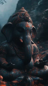 Textured stone Ganesha sculpture in misty canyon light.