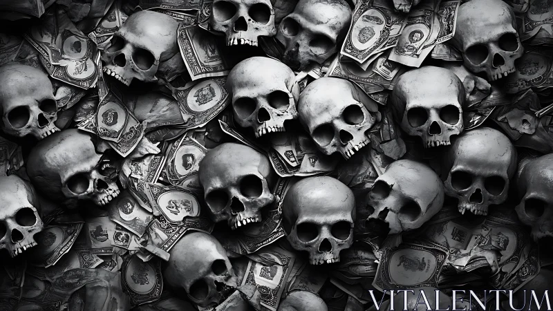Skulls rest over crumpled banknotes in dense monochrome heap