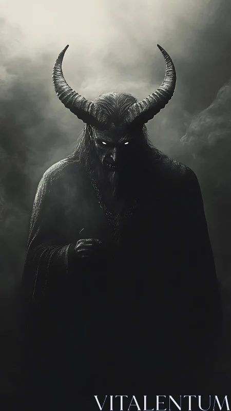 Horned shadow king studies mortals from a smoke halo