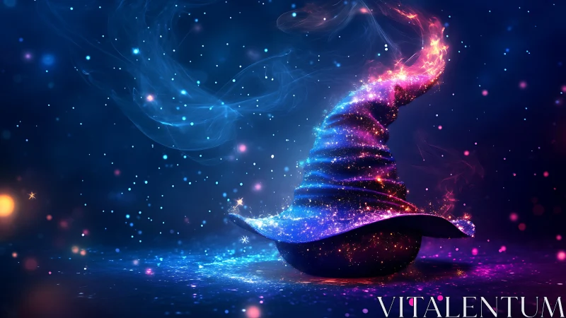 Glowing wizard hat rests in swirling cosmic particle field