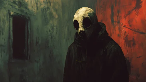 Masked wanderer in a moody, rust-stained concrete hallway.