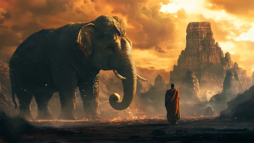 Colossal elephant and monk under molten golden sky.