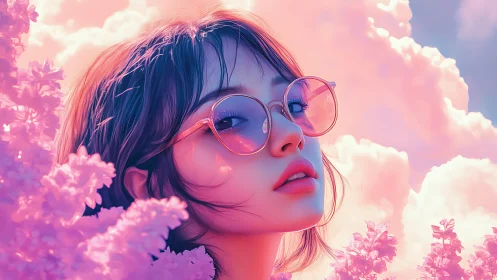 Dreamy pastel portrait of girl in glasses amid pink clouds