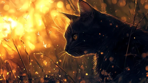 Golden backlit black cat profile in glowing meadow.