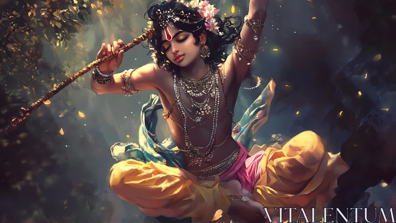 Divine dancer in golden forest light with swirling silks.