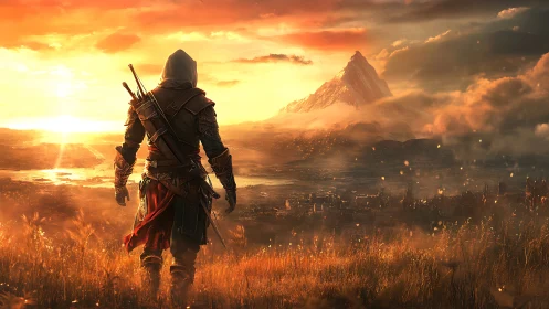 Hooded warrior surveys sunlit valley before distant mountain