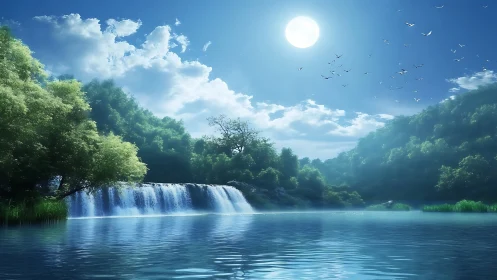 Moonlit cascade over tranquil forest lake in soft photorealism
