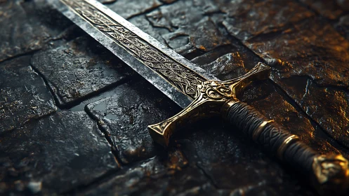 Decorated medieval sword rests on wet stone pavement