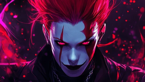 Demonic cyberpunk clown portrait with neon crimson aura.