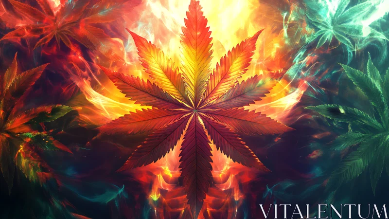 Cannabis leaf glows in multicolor fiery digital background