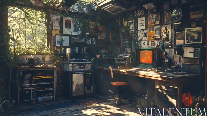 Cozy sunlit retrocomputer workshop wrapped in soft greenery.