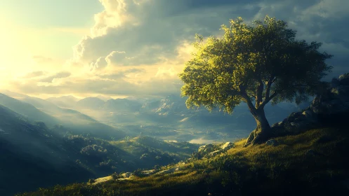 Sunlit hillside tree watching over a peaceful valley view.