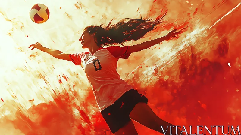 Female volleyball player reaches toward ball in dynamic motion