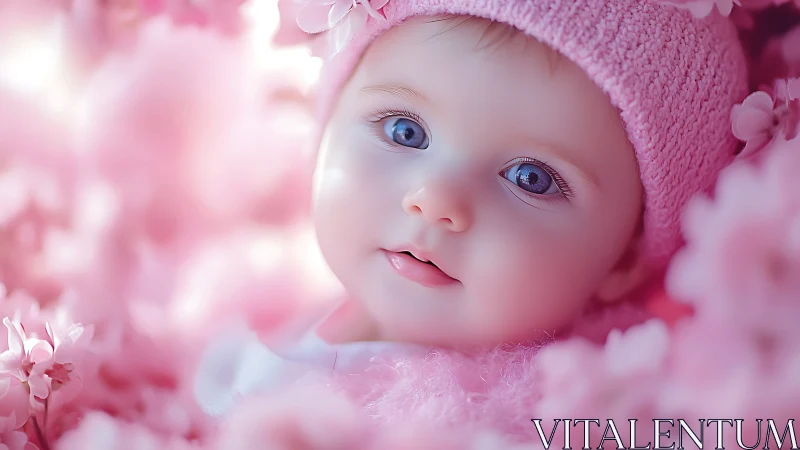 Soft pink daydream with a bright blue eyed baby gaze.