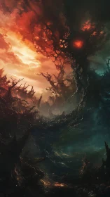 Cosmic void entity rises amid incendiary nebular sky