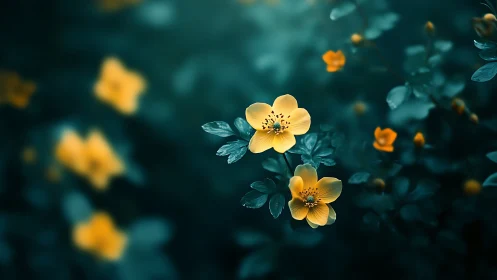 Golden Blooms Dance in Moody Teal Twilight.