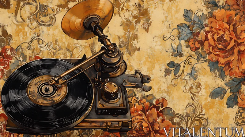 Analog gramophone mechanism with floral-patterned backdrop.