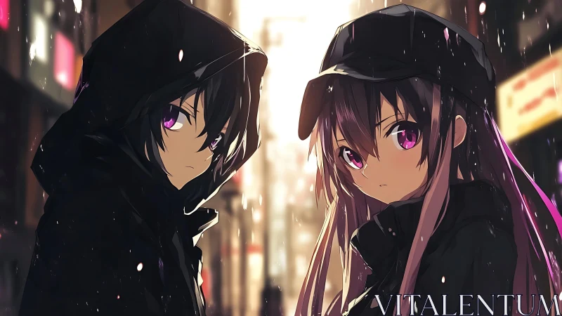 Anime street duo in rain with cinematic backlight rendering.