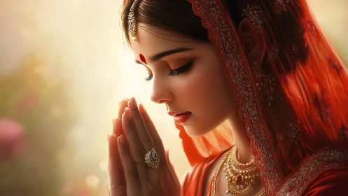 Side profile of woman in red veil with folded hands.