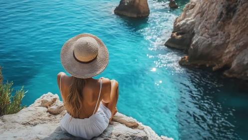 Sun‑hat daydream drifts above a turquoise cliffside cove