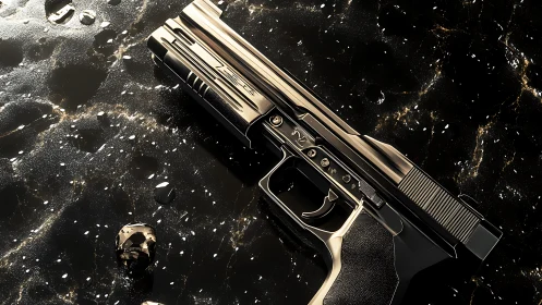 Metallic handgun rendered on reflective dark wet surface.