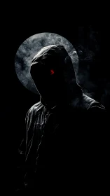 Hooded shadow figure stands before moonlit smoke halo