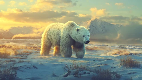 Solitary polar bear crossing sunlit arctic tundra at dawn